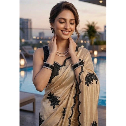 Generic Women's Viscose Silk Embroidered Saree With Unstitched Blouse 5.5Mtr (Beige)