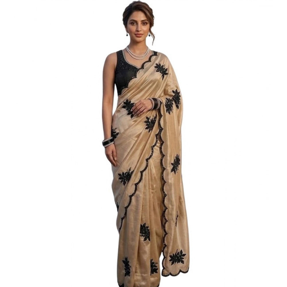 Generic Women's Viscose Silk Embroidered Saree With Unstitched Blouse 5.5Mtr (Beige)