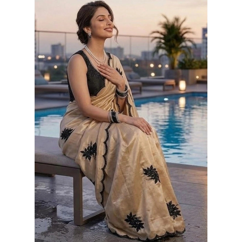 Generic Women's Viscose Silk Embroidered Saree With Unstitched Blouse 5.5Mtr (Beige)