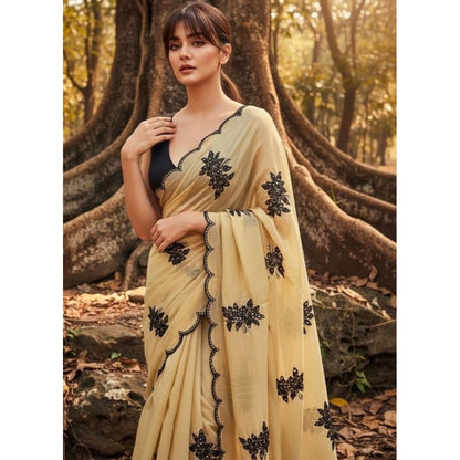 Generic Women's Viscose Silk Embroidered Saree With Unstitched Blouse 5.5Mtr (Beige)