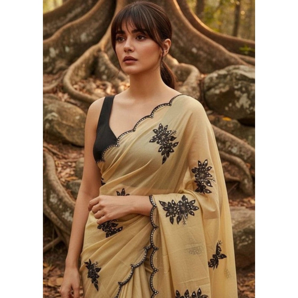 Generic Women's Viscose Silk Embroidered Saree With Unstitched Blouse 5.5Mtr (Beige)