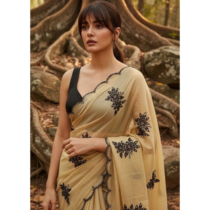 Generic Women's Viscose Silk Embroidered Saree With Unstitched Blouse 5.5Mtr (Beige)