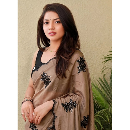 Generic Women's Viscose Silk Embroidered Saree With Unstitched Blouse 5.5Mtr (Brown)