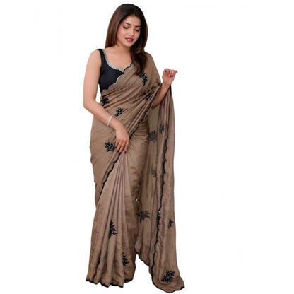 Generic Women's Viscose Silk Embroidered Saree With Unstitched Blouse 5.5Mtr (Brown)