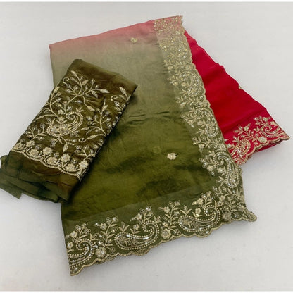 Generic Women's Satin Embellished Saree With Unstitched Blouse 5.5Mtr (Multicolor)