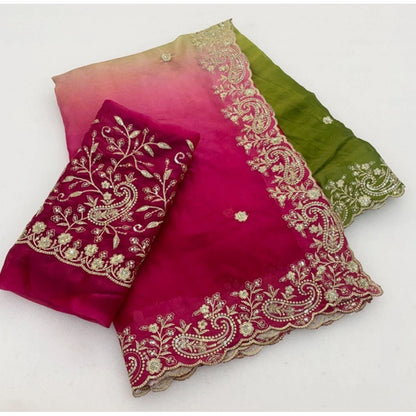 Generic Women's Satin Embellished Saree With Unstitched Blouse 5.5Mtr (Multicolor)