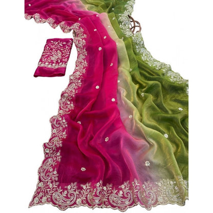Generic Women's Satin Embellished Saree With Unstitched Blouse 5.5Mtr (Multicolor)