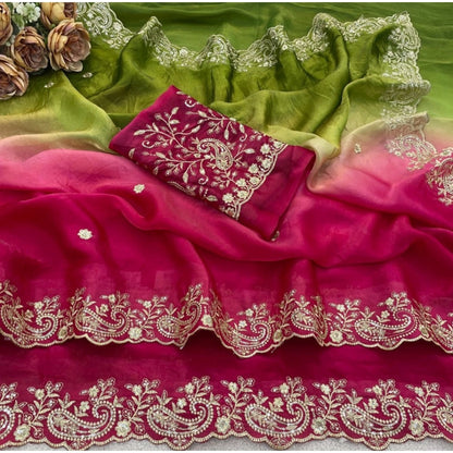 Generic Women's Satin Embellished Saree With Unstitched Blouse 5.5Mtr (Multicolor)