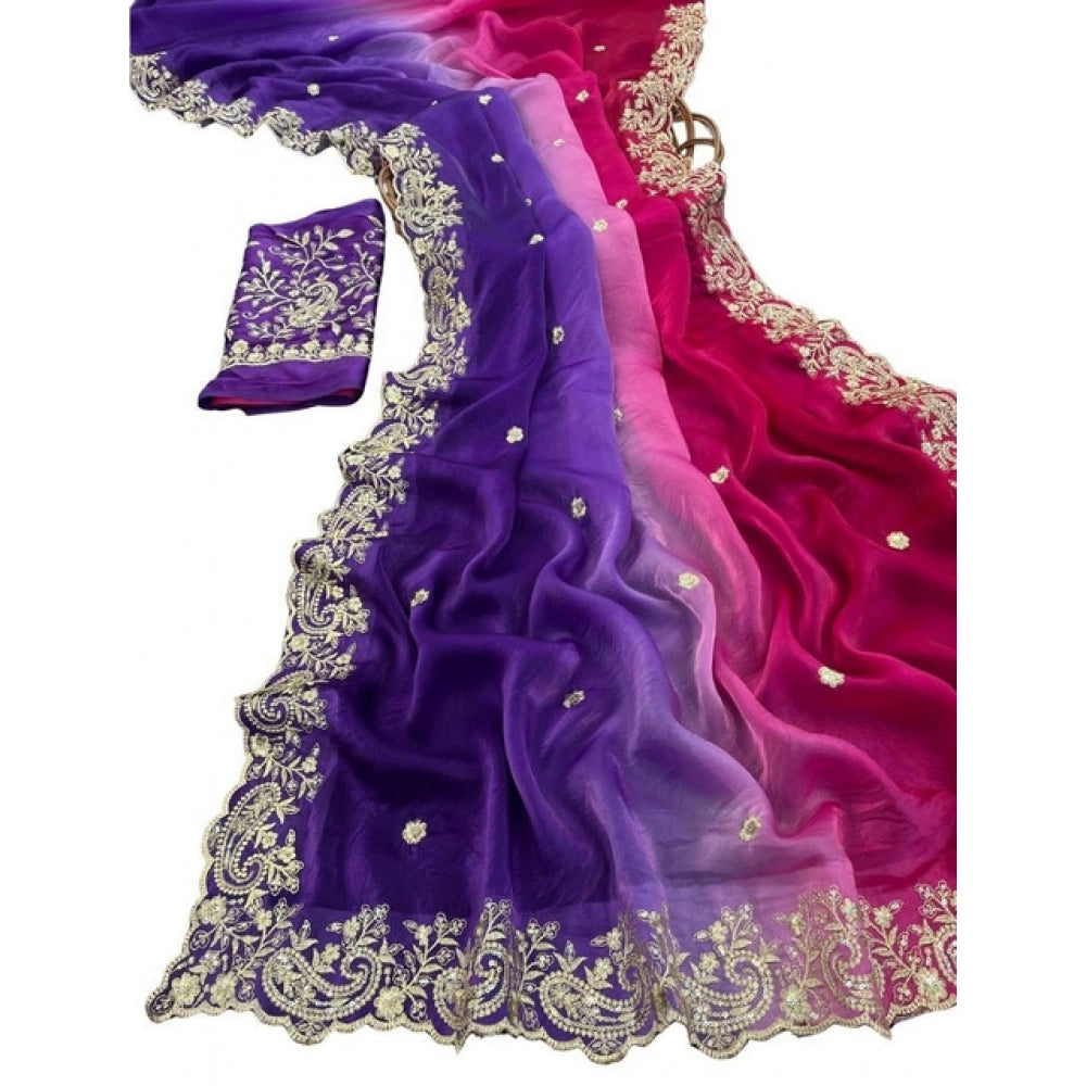 Generic Women's Satin Embellished Saree With Unstitched Blouse 5.5Mtr (Multicolor)