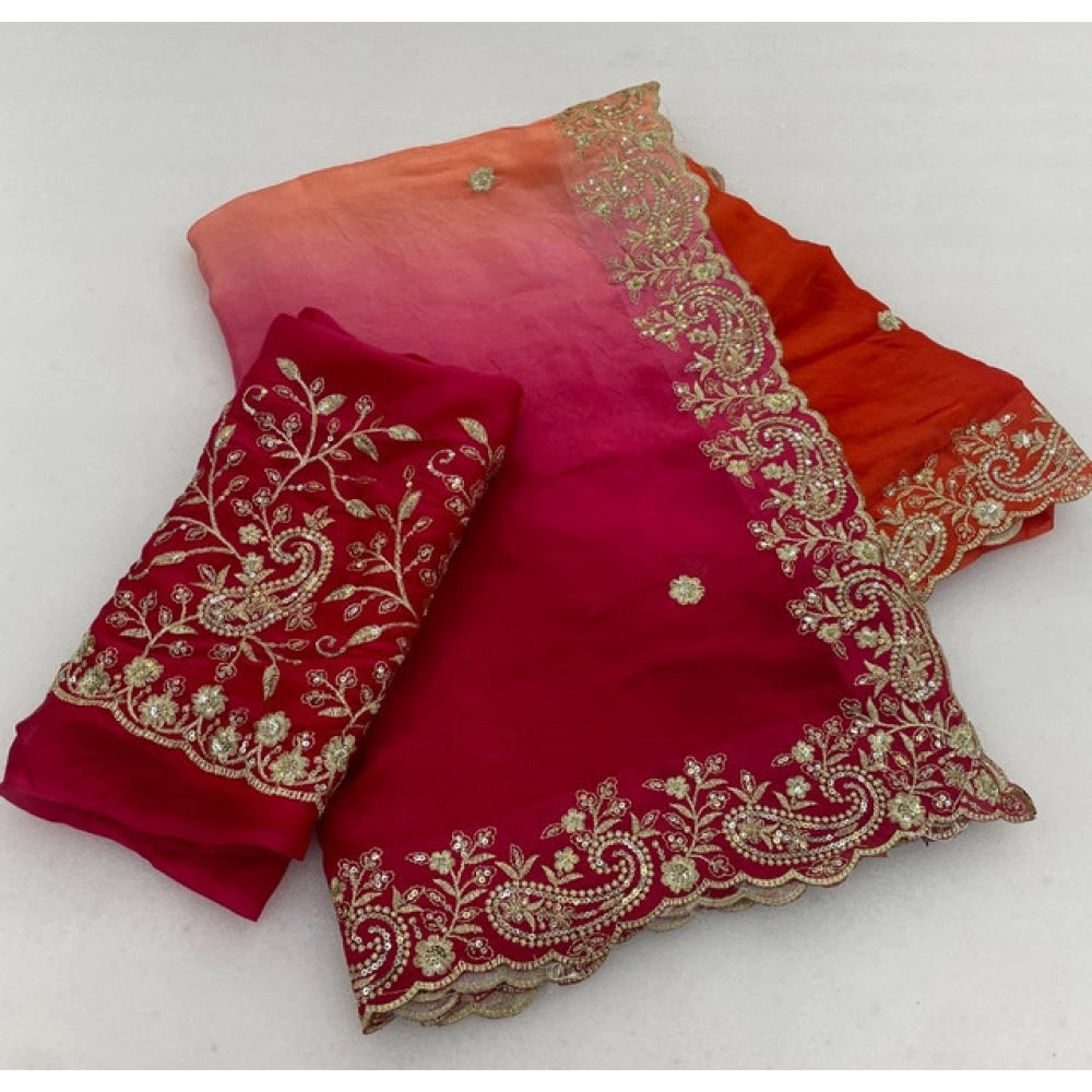 Generic Women's Satin Embellished Saree With Unstitched Blouse 5.5Mtr (Multicolor)