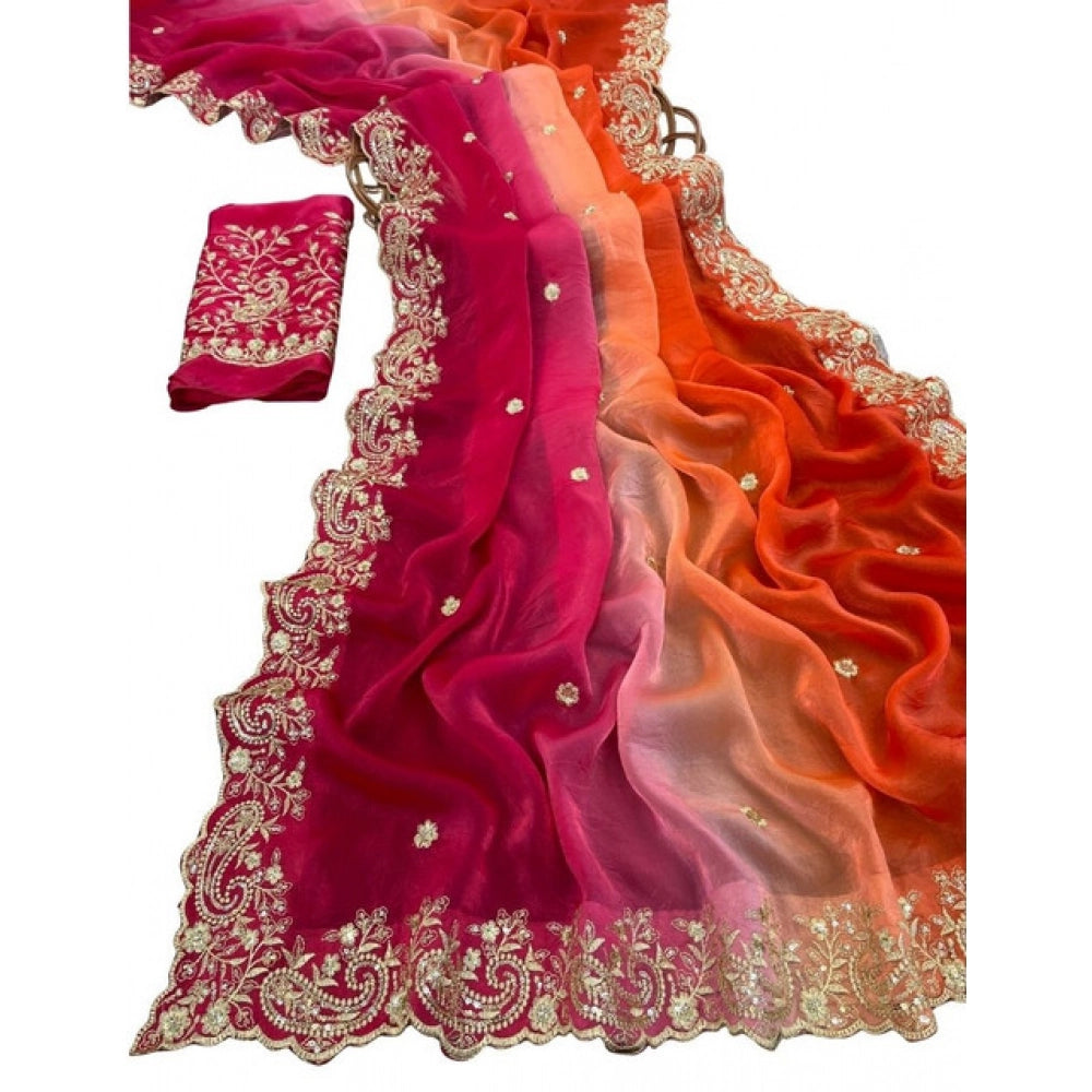 Generic Women's Satin Embellished Saree With Unstitched Blouse 5.5Mtr (Multicolor)