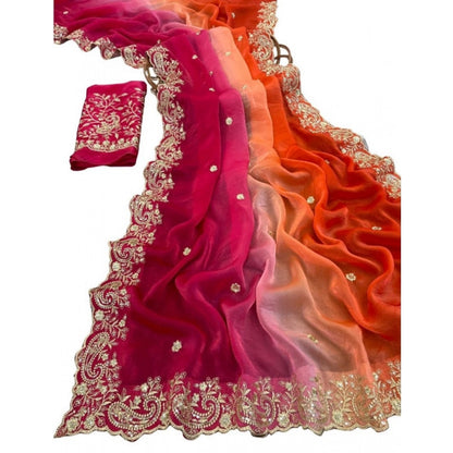 Generic Women's Satin Embellished Saree With Unstitched Blouse 5.5Mtr (Multicolor)