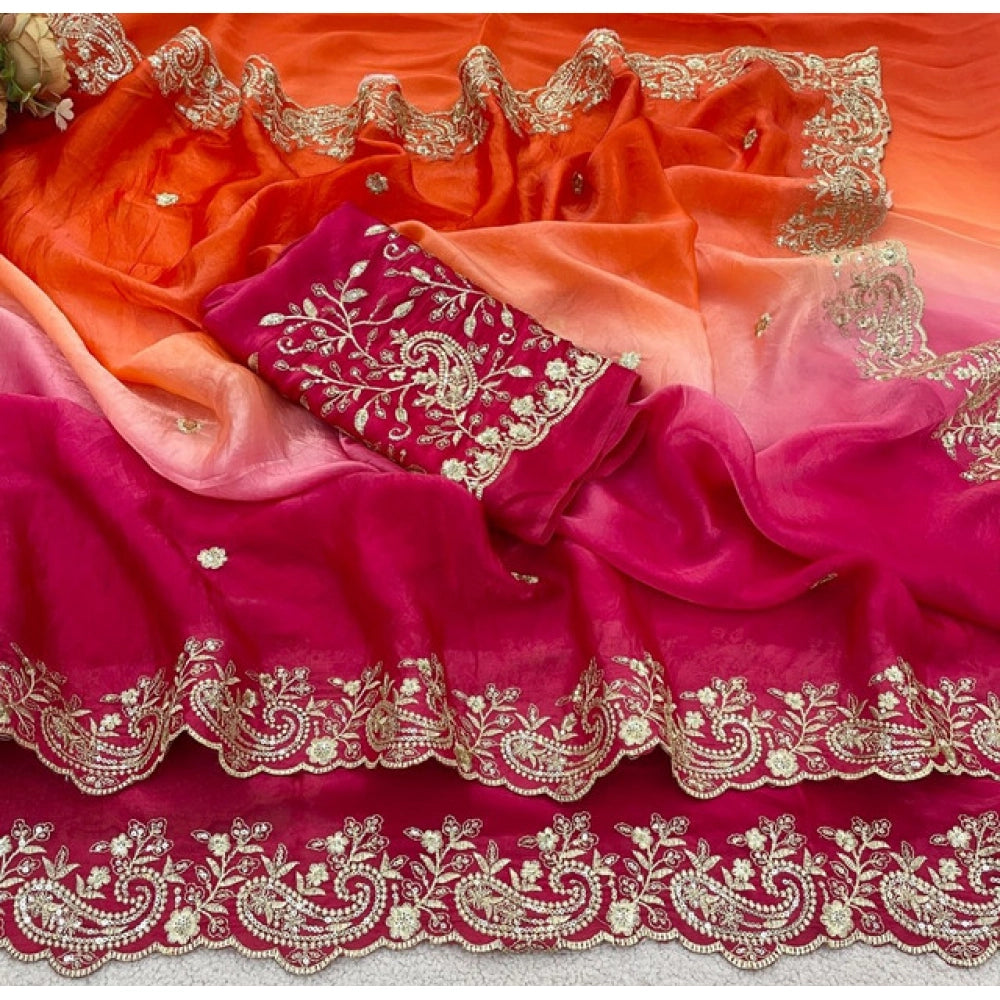 Generic Women's Satin Embellished Saree With Unstitched Blouse 5.5Mtr (Multicolor)