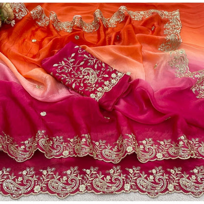 Generic Women's Satin Embellished Saree With Unstitched Blouse 5.5Mtr (Multicolor)