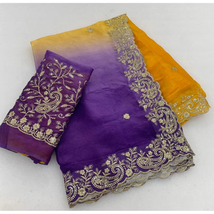 Generic Women's Satin Embellished Saree With Unstitched Blouse 5.5Mtr (Multicolor)
