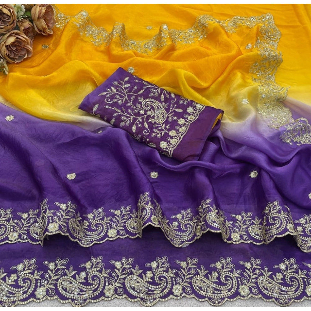 Generic Women's Satin Embellished Saree With Unstitched Blouse 5.5Mtr (Multicolor)