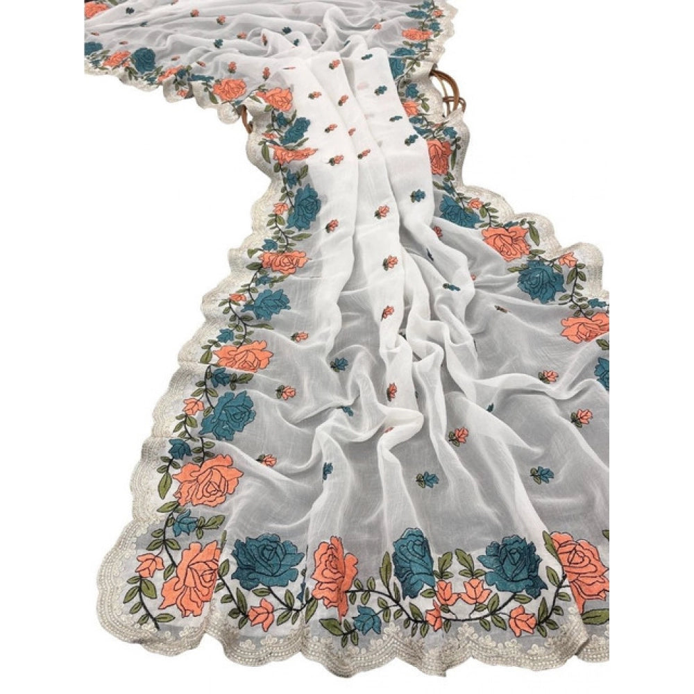 Generic Women's Chiffon Embroidered Saree With Unstitched Blouse 5.5Mtr (White)