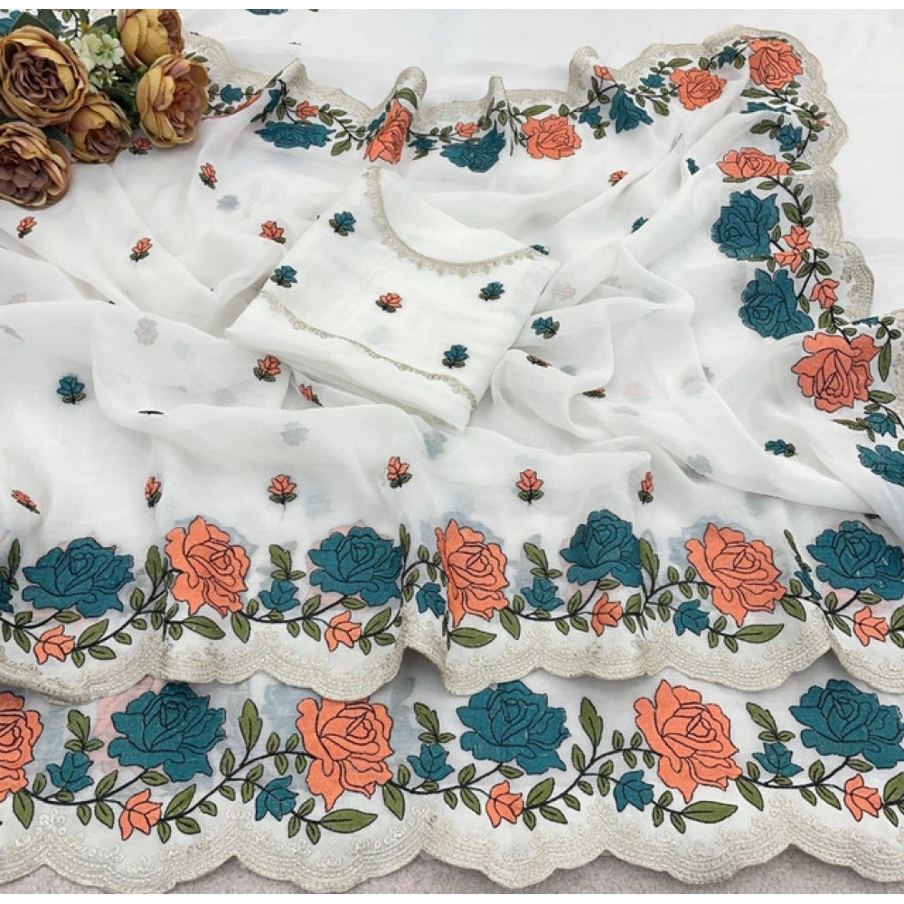 Generic Women's Chiffon Embroidered Saree With Unstitched Blouse 5.5Mtr (White)