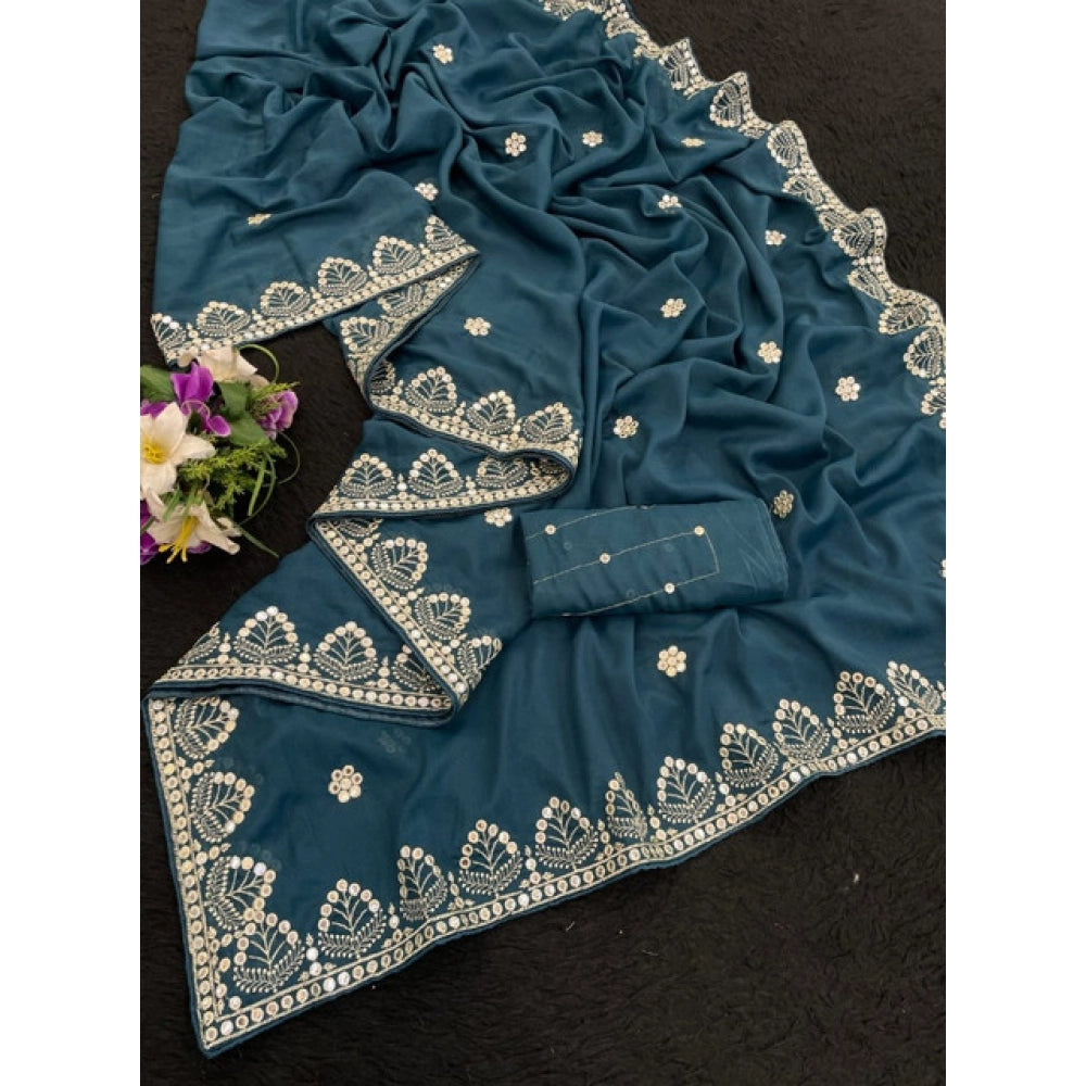 Generic Women's Georgette Embellished Saree With Unstitched Blouse 5.5Mtr (Blue)