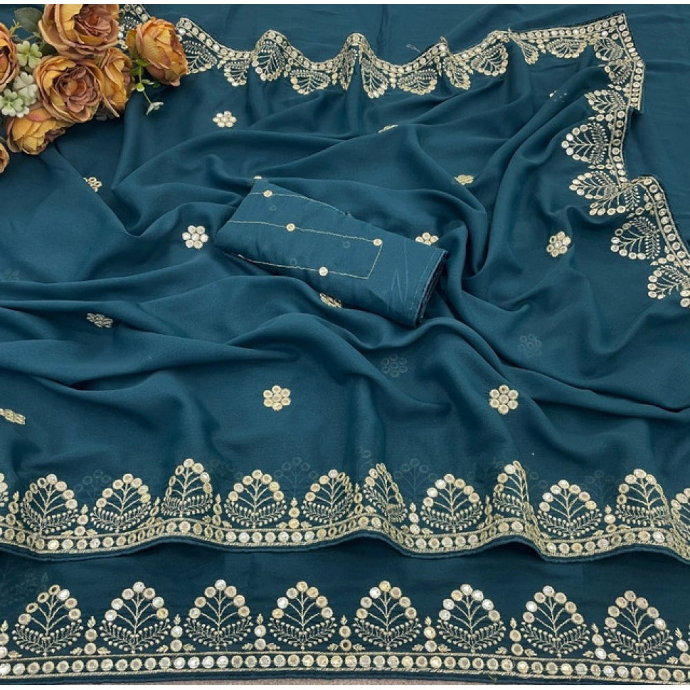 Generic Women's Georgette Embellished Saree With Unstitched Blouse 5.5Mtr (Blue)
