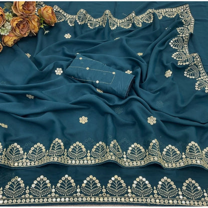 Generic Women's Georgette Embellished Saree With Unstitched Blouse 5.5Mtr (Blue)