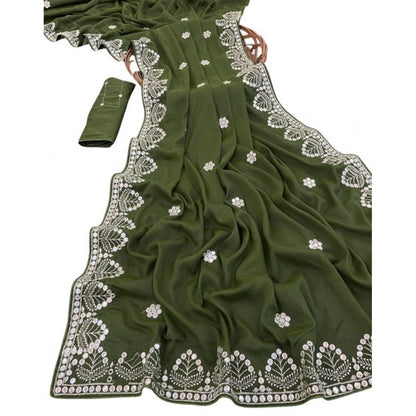 Generic Women's Georgette Embellished Saree With Unstitched Blouse 5.5Mtr (Green)