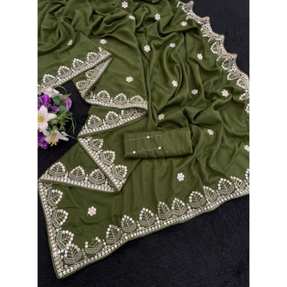 Generic Women's Georgette Embellished Saree With Unstitched Blouse 5.5Mtr (Green)