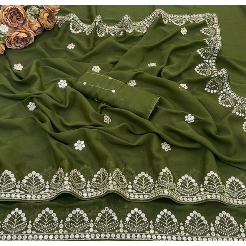 Generic Women's Georgette Embellished Saree With Unstitched Blouse 5.5Mtr (Green)