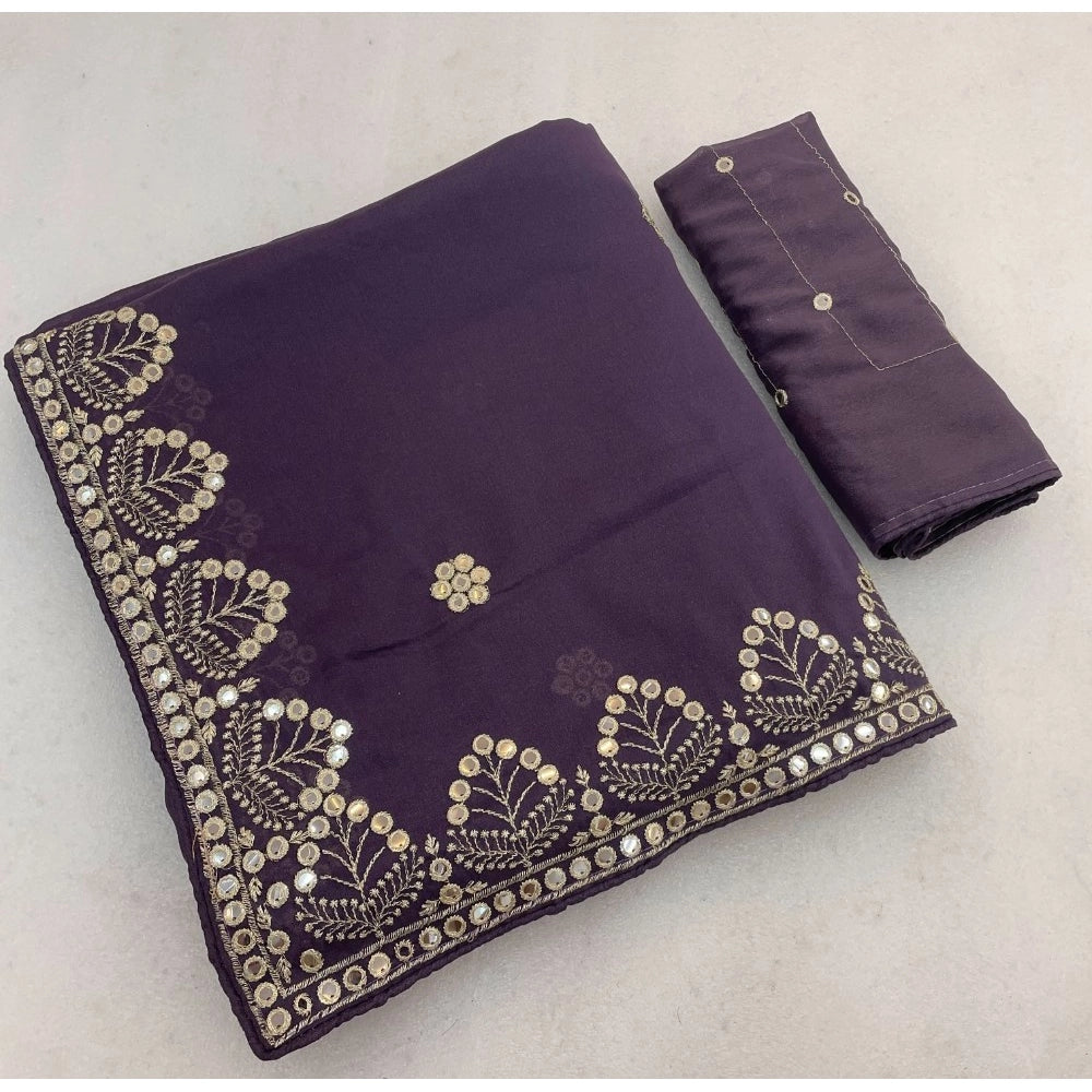 Generic Women's Georgette Embellished Saree With Unstitched Blouse 5.5Mtr (Levander)