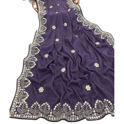 Generic Women's Georgette Embellished Saree With Unstitched Blouse 5.5Mtr (Levander)