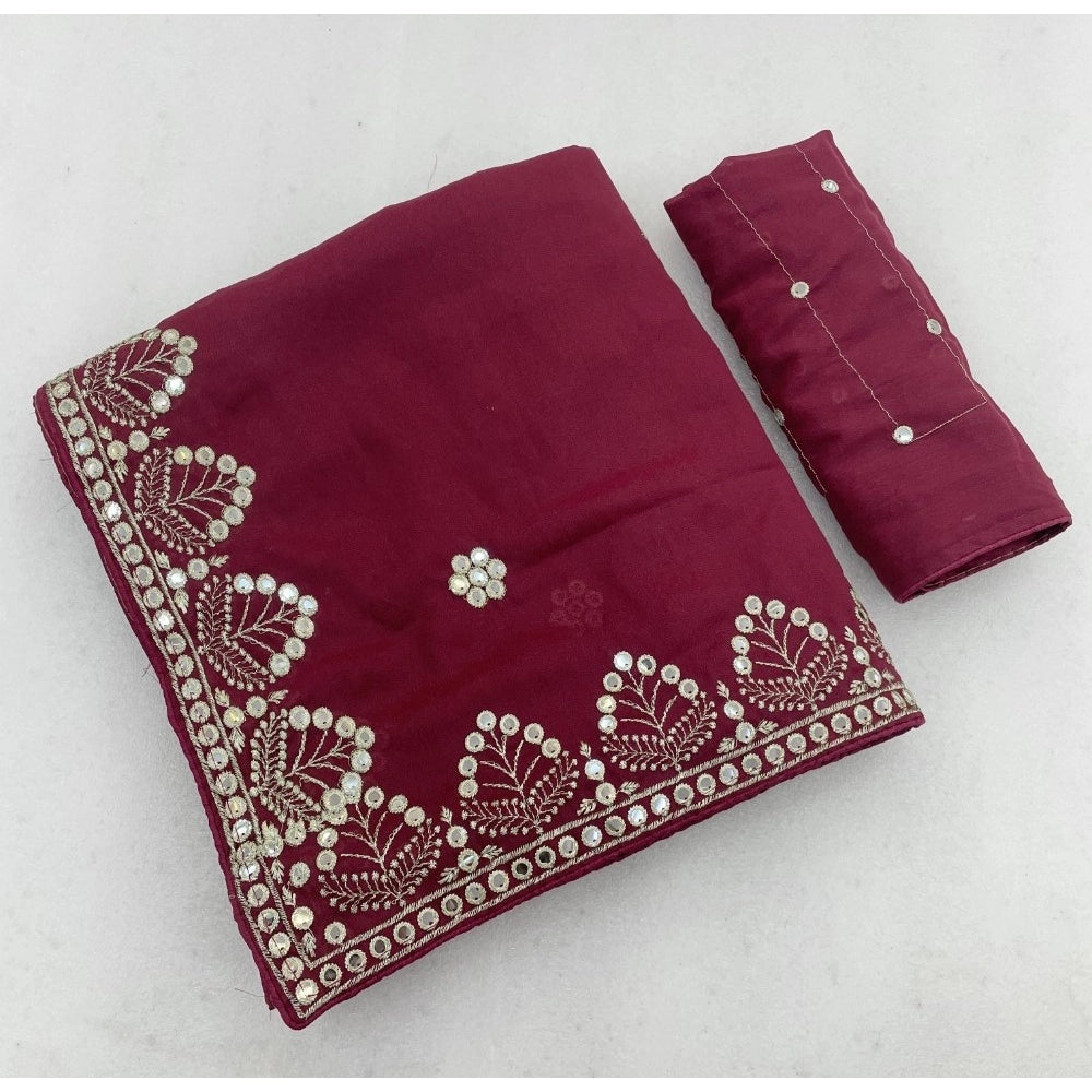 Generic Women's Georgette Embellished Saree With Unstitched Blouse 5.5Mtr (Maroon)
