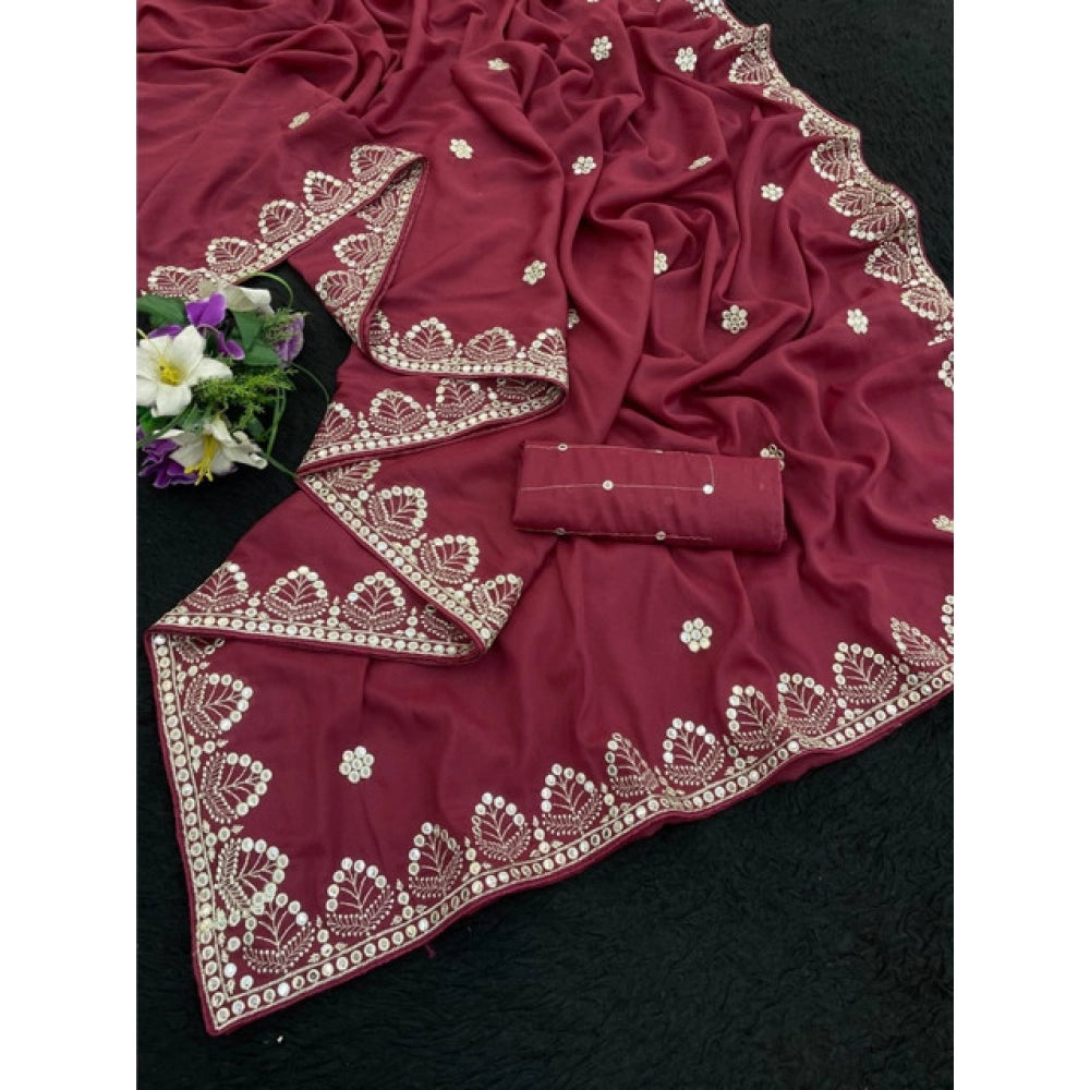 Generic Women's Georgette Embellished Saree With Unstitched Blouse 5.5Mtr (Maroon)