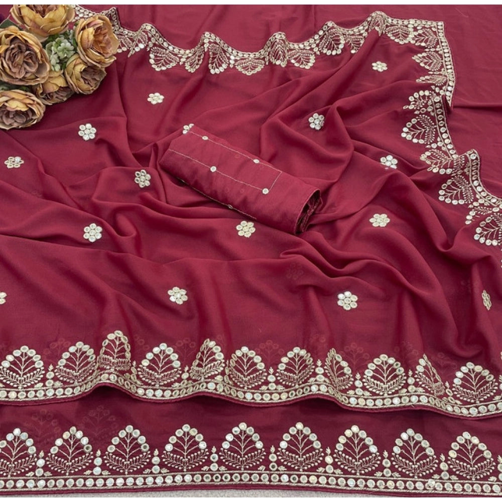 Generic Women's Georgette Embellished Saree With Unstitched Blouse 5.5Mtr (Maroon)