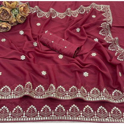 Generic Women's Georgette Embellished Saree With Unstitched Blouse 5.5Mtr (Maroon)