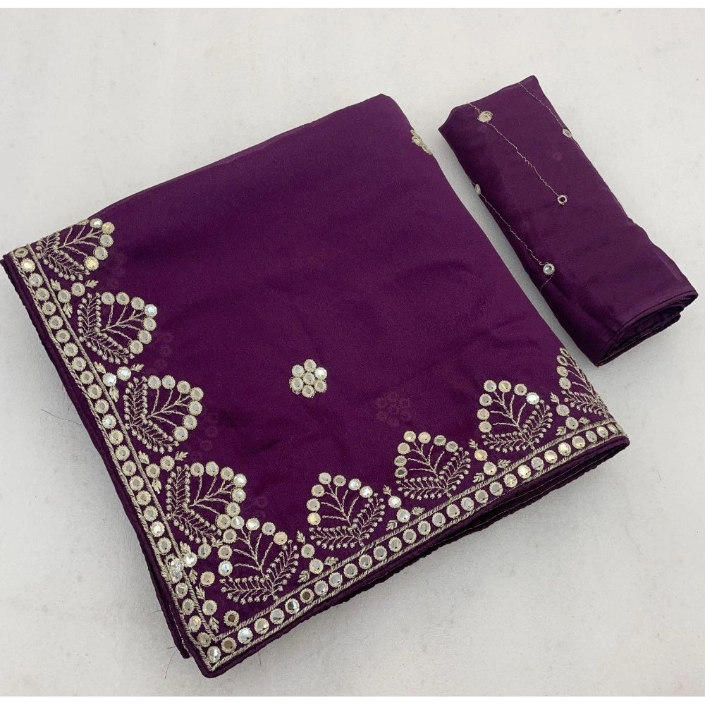 Generic Women's Georgette Embellished Saree With Unstitched Blouse 5.5Mtr (Purple)