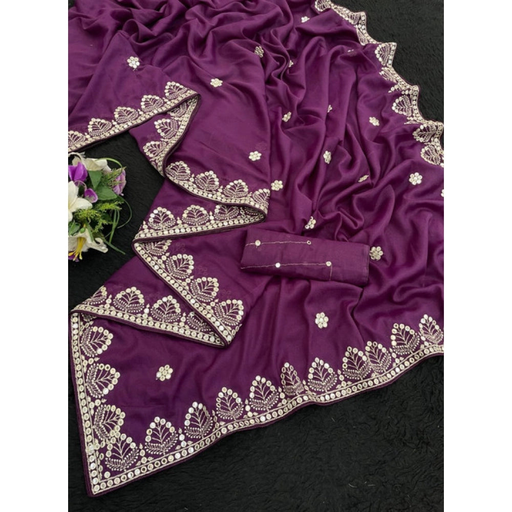 Generic Women's Georgette Embellished Saree With Unstitched Blouse 5.5Mtr (Purple)