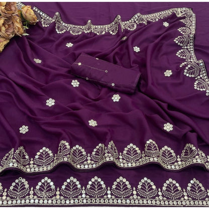 Generic Women's Georgette Embellished Saree With Unstitched Blouse 5.5Mtr (Purple)