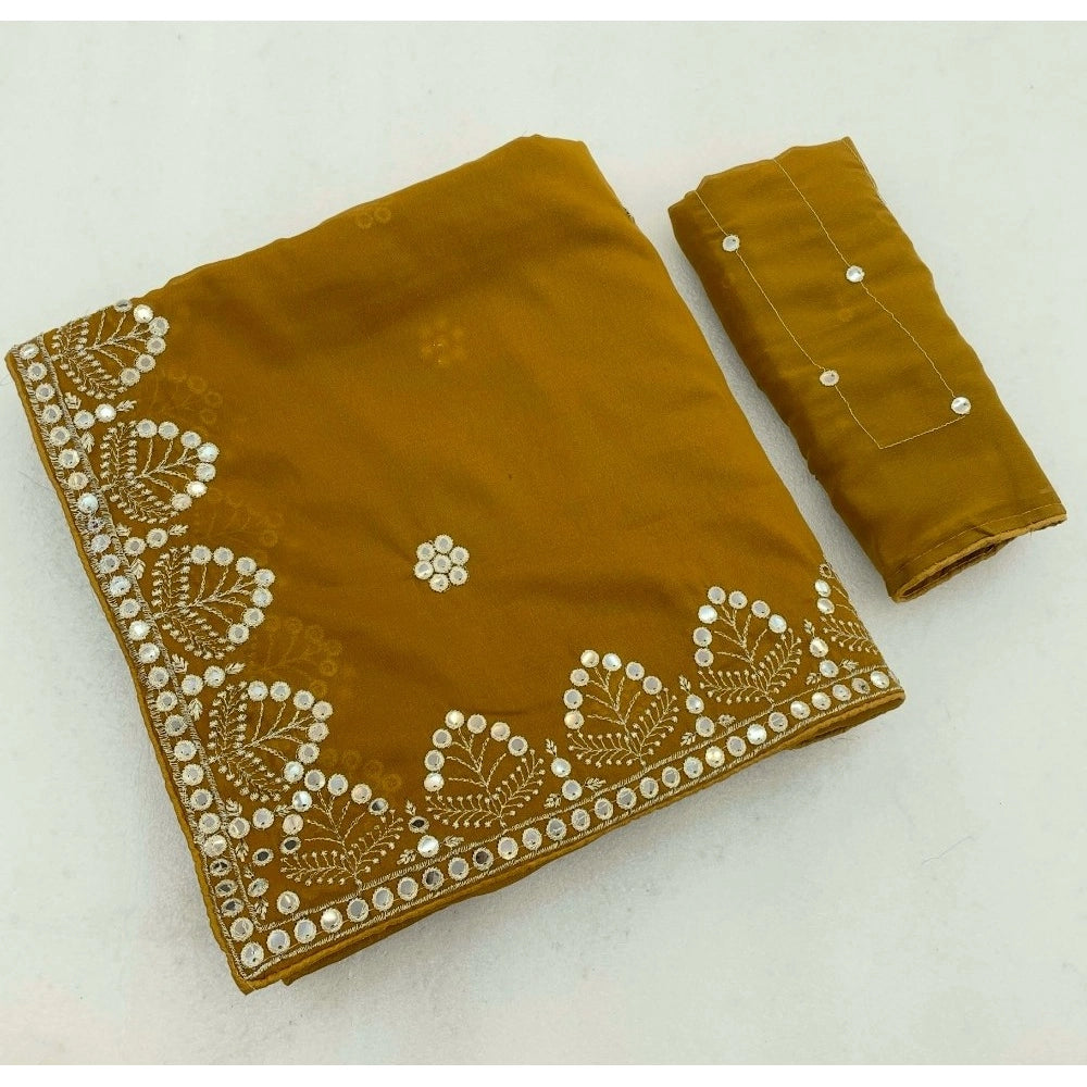 Generic Women's Georgette Embellished Saree With Unstitched Blouse 5.5Mtr (Mustard-Yellow)
