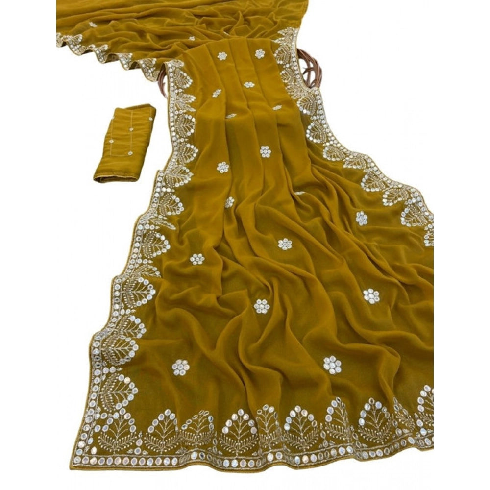 Generic Women's Georgette Embellished Saree With Unstitched Blouse 5.5Mtr (Mustard-Yellow)