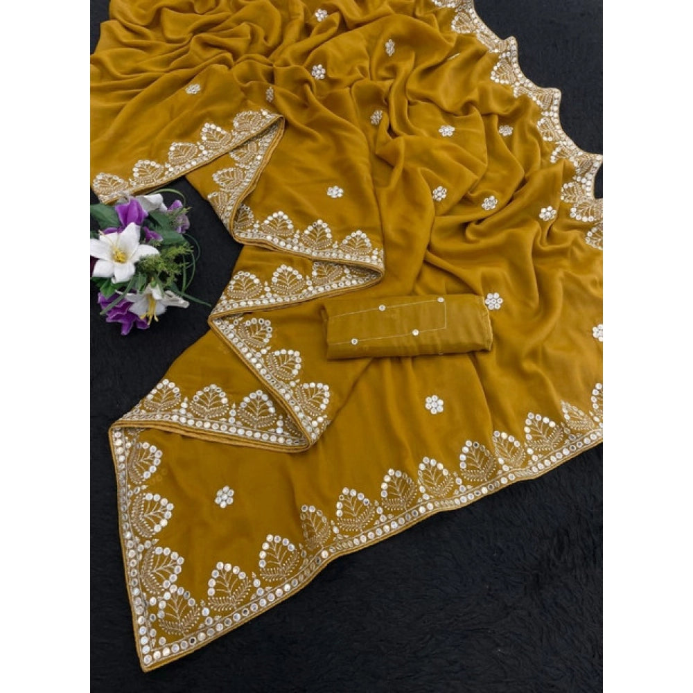 Generic Women's Georgette Embellished Saree With Unstitched Blouse 5.5Mtr (Mustard-Yellow)