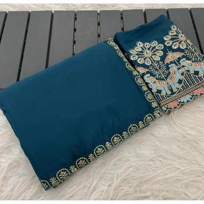 Generic Women's Art Silk Embroidered Saree With Unstitched Blouse 5.5Mtr (Blue)