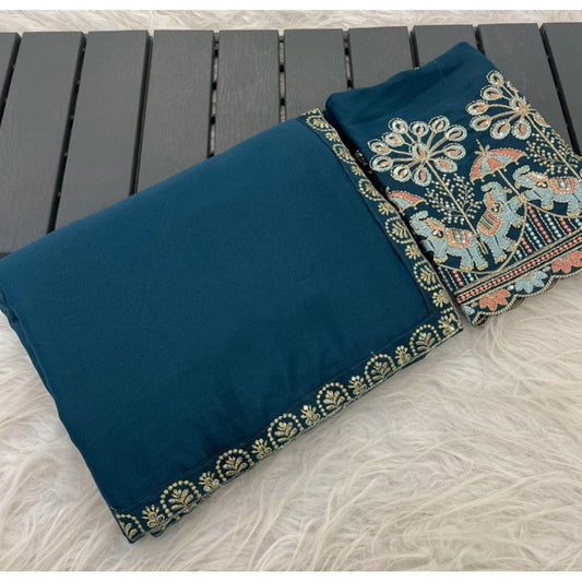 Generic Women's Art Silk Embroidered Saree With Unstitched Blouse 5.5Mtr (Blue)
