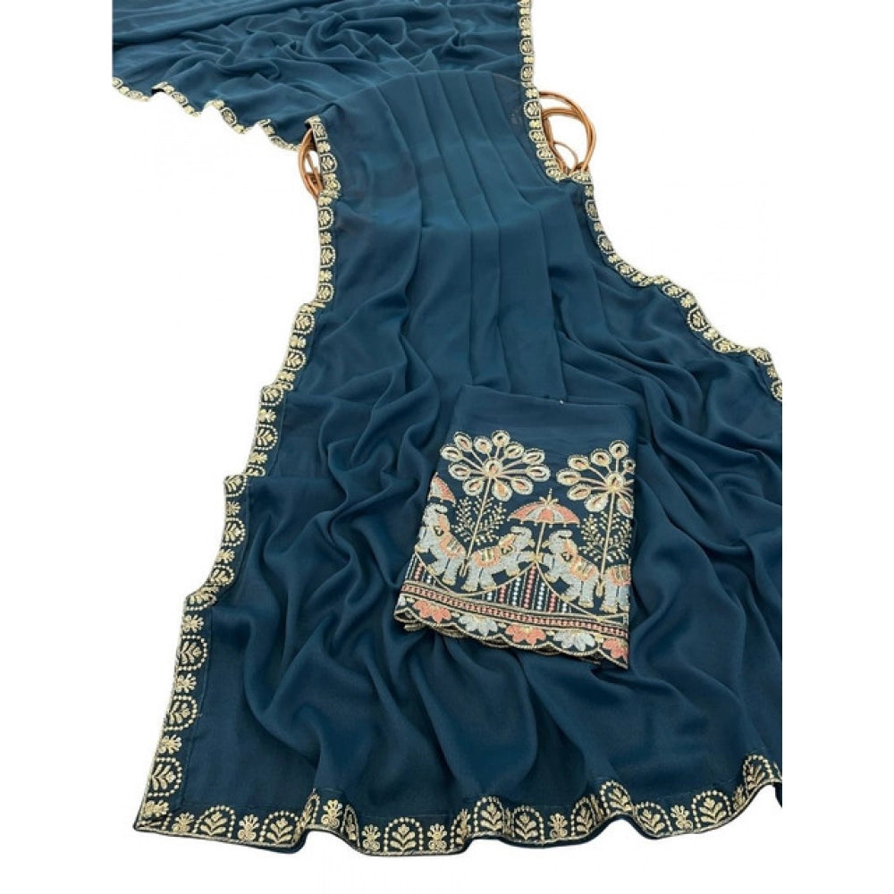 Generic Women's Art Silk Embroidered Saree With Unstitched Blouse 5.5Mtr (Blue)