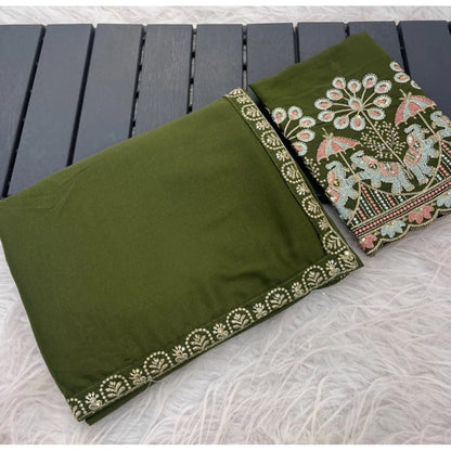 Generic Women's Art Silk Embroidered Saree With Unstitched Blouse 5.5Mtr (Green)