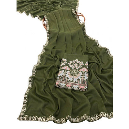 Generic Women's Art Silk Embroidered Saree With Unstitched Blouse 5.5Mtr (Green)
