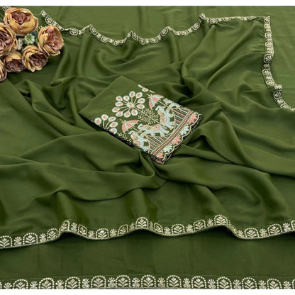 Generic Women's Art Silk Embroidered Saree With Unstitched Blouse 5.5Mtr (Green)