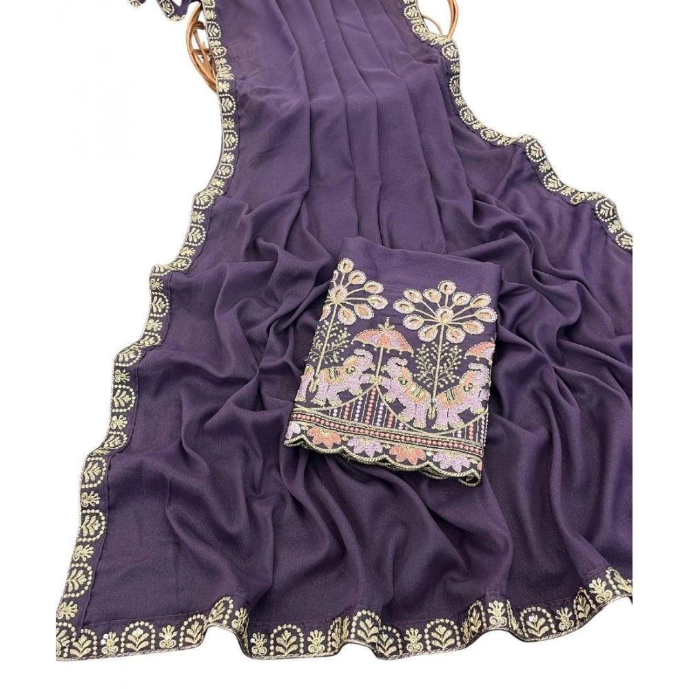 Generic Women's Art Silk Embroidered Saree With Unstitched Blouse 5.5Mtr (Lavender)