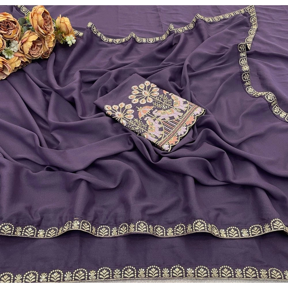 Generic Women's Art Silk Embroidered Saree With Unstitched Blouse 5.5Mtr (Lavender)
