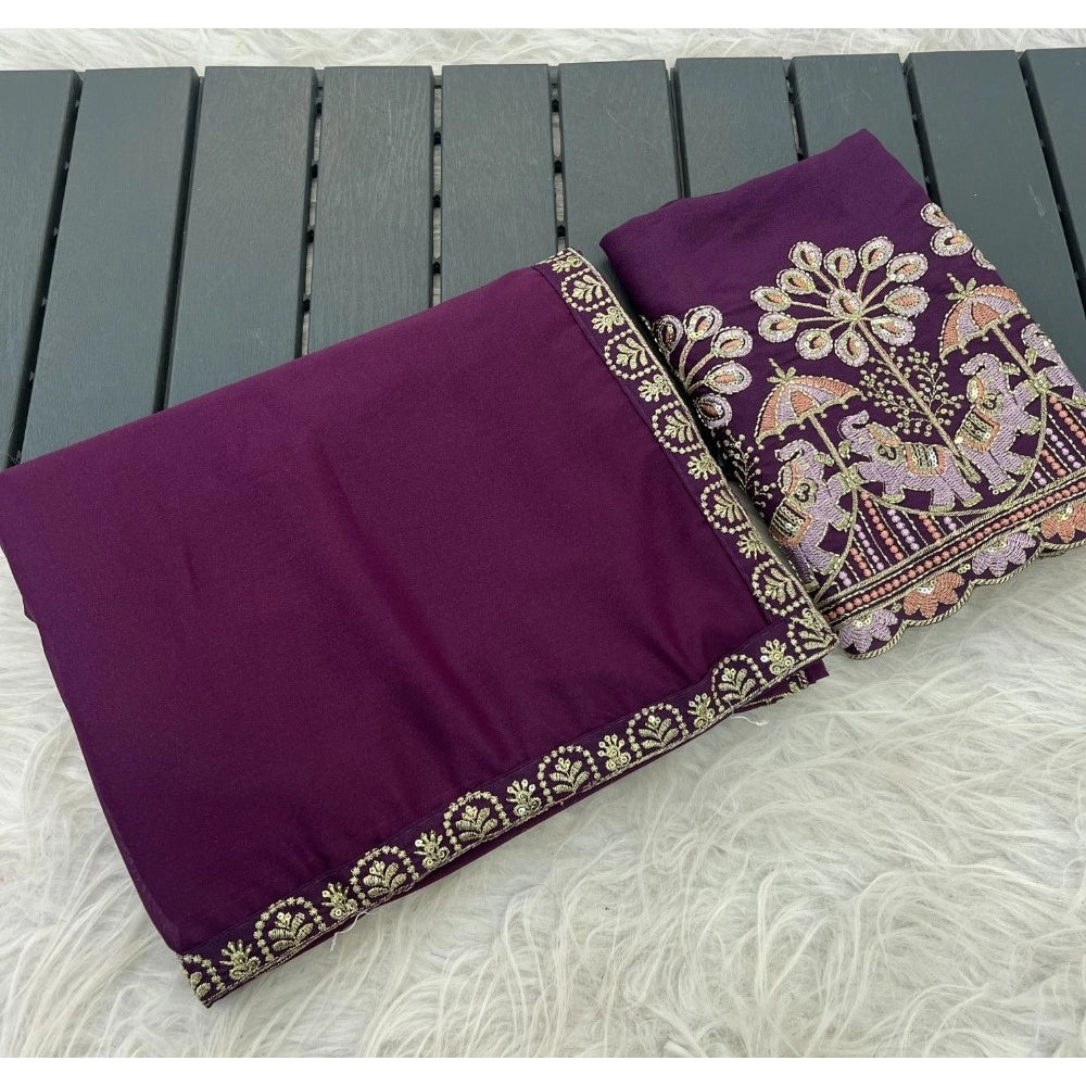 Generic Women's Art Silk Embroidered Saree With Unstitched Blouse 5.5Mtr (Purple)