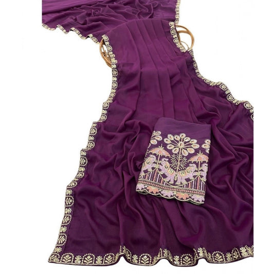 Generic Women's Art Silk Embroidered Saree With Unstitched Blouse 5.5Mtr (Purple)